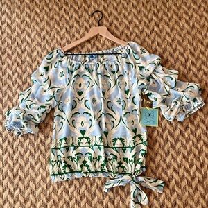 NWT CeCe Blouse - Women's Small Blue Green White - Ruffled Patterned